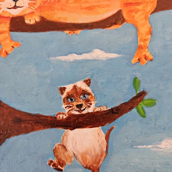 Original Art /Acrylic Canvas /Cute Kitties in a Tree / 8in x 8in - Picture 4 of 11